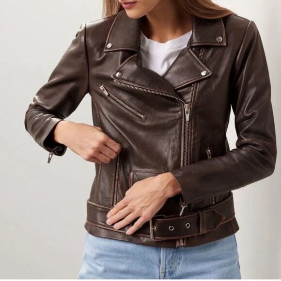 Veda Genuine Leather Distressed Moto Jacket Zip Closure Pockets Belt Brown Mediu - Picture 1 of 16